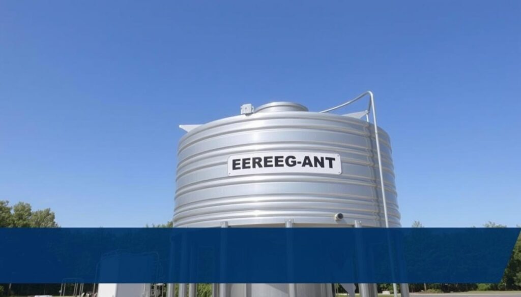 A large emergency water storage tank standing tall, its metallic surface gleaming under the bright sunlight. The tank is situated in a spacious outdoor setting, surrounded by lush greenery and a clear blue sky. The tank's design features sturdy construction and a prominent label indicating its purpose as an emergency water supply. The scene conveys a sense of reliability and preparedness, with the tank ready to provide a reliable source of water during times of crisis. The overall mood is one of safety and assurance, reflecting the section's focus on 24/7 emergency service and rapid response.