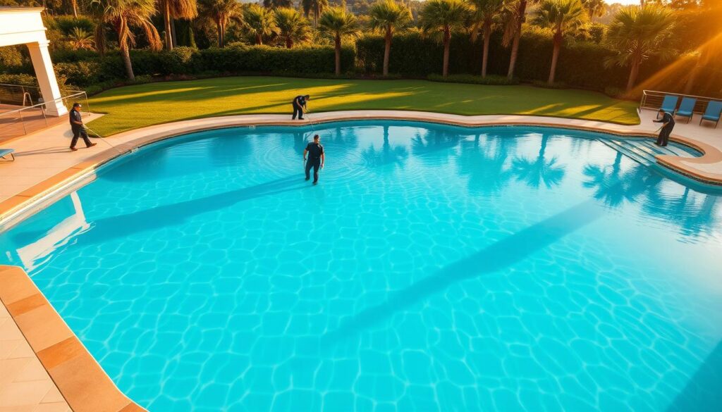 A large, modern in-ground swimming pool filled with crystal-clear, turquoise water, surrounded by a well-manicured, lush green lawn. A team of workers in uniform are diligently performing maintenance tasks, such as testing the water chemistry, cleaning the filters, and preparing the pool for a thorough refilling. The scene is bathed in warm, golden late afternoon sunlight, casting long shadows and creating a serene, inviting ambiance. The pool's tiled edges glisten, and the surrounding landscape is dotted with palm trees and other tropical foliage, giving the impression of a luxurious resort. The overall composition conveys a sense of expertise, efficiency, and attention to detail in the pool servicing process.