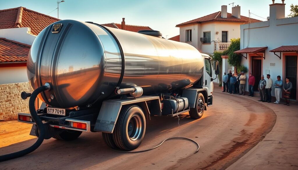A large steel water tanker truck, its silver body gleaming in the warm afternoon sunlight, parked on a dusty road in a traditional Sevillian neighborhood. The truck's hose snakes along the ground, connected to a network of pipes leading to nearby buildings. Terracotta-tiled rooftops and whitewashed walls line the narrow streets, casting soft shadows across the scene. A group of locals watch as the driver expertly maneuvers the truck, carefully dispensing water to replenish the community's supply. The atmosphere is one of quiet efficiency, a practical solution to the region's water needs. A large steel water tanker truck, its silver body gleaming in the warm afternoon sunlight, parked on a dusty road in a traditional Sevillian neighborhood. The truck's hose snakes along the ground, connected to a network of pipes leading to nearby buildings. Terracotta-tiled rooftops and whitewashed walls line the narrow streets, casting soft shadows across the scene. A group of locals watch as the driver expertly maneuvers the truck, carefully dispensing water to replenish the community's supply. The atmosphere is one of quiet efficiency, a practical solution to the region's water needs.