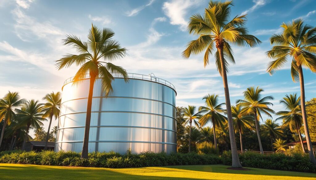 A large water storage tank with a sleek, modern design stands prominently in the foreground, its metallic surface gleaming under the warm, golden sunlight. The tank is situated in a well-manicured, lush green landscape, surrounded by towering palm trees that sway gently in the breeze. In the background, a clear blue sky with wispy clouds adds to the serene and tranquil atmosphere. The overall scene conveys a sense of reliability, efficiency, and the constant availability of clean, fresh water - reflecting the 24/7 readiness of the water storage service featured in the article.