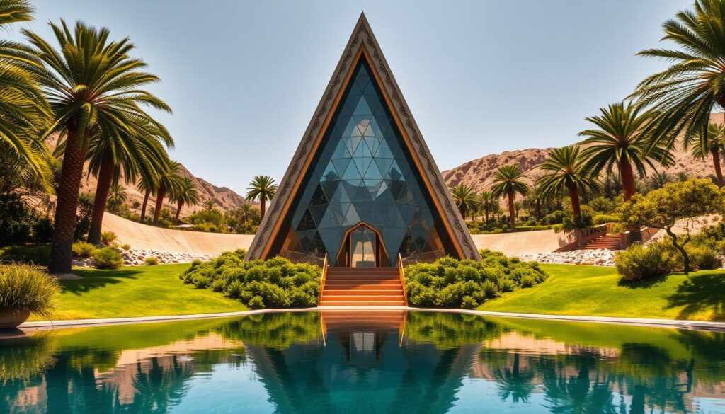 A lush, verdant oasis in the desert, with a striking architectural structure at the center. The structure is a towering, angular prism, its surfaces adorned with intricate geometric patterns and shimmering, reflective panels that capture the intense desert sunlight. The prism's sharp edges and clean lines create a sense of precision and refinement, juxtaposed against the organic, flowing forms of the surrounding landscape. In the foreground, a tranquil pool of water mirrors the structure, creating a mesmerizing play of light and shadow. The scene conveys a sense of harmony between nature and modern design, with the prism serving as a bold, captivating focal point that draws the viewer's eye.