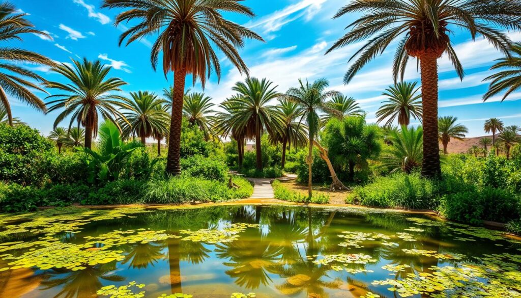 A lush, vibrant oasis in the midst of a barren desert landscape. In the foreground, a serene pond reflects the surrounding verdant foliage and azure sky, its waters seemingly untouched and pristine. Towering, ancient palm trees sway gently in a warm breeze, casting dappled shadows over the scene. In the middle ground, a hidden pathway winds through the verdant undergrowth, hinting at the mysteries that lie beyond. The background fades into a hazy, golden horizon, the sun's rays filtering through wispy clouds. An atmosphere of tranquility and wonder pervades the entire composition, inviting the viewer to step into this enchanting, paradisiacal realm.
