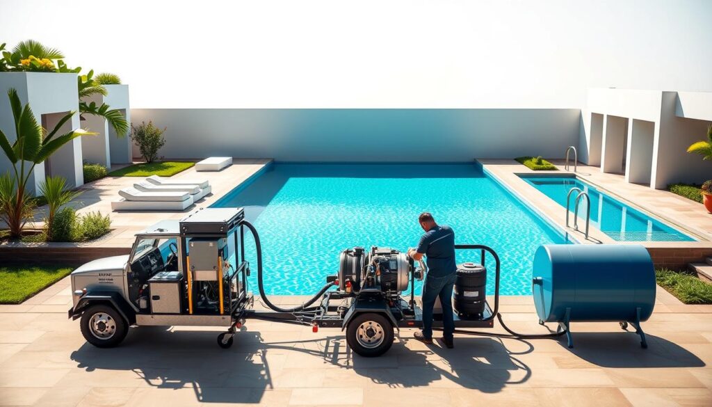 A meticulously designed swimming pool filling service, showcasing a pristine azure pool nestled amidst a serene, sun-dappled landscape. The foreground features a professional team expertly handling the water delivery process, with high-tech equipment and meticulous attention to detail. The middle ground presents the pool's elegant geometric lines and inviting waters, framed by lush greenery and understated architectural elements. In the background, a soft, diffused lighting creates a calming, ambient atmosphere, enhancing the overall sense of tranquility and luxury. The image conveys a harmonious balance between form and function, catering to the needs of discerning homeowners, commercial properties, and pool enthusiasts alike.