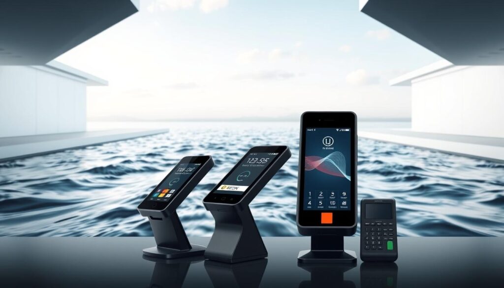 A modern and elegant payment system against a backdrop of serene, flowing water. In the foreground, sleek digital payment terminals and contactless card readers stand out in a minimalist, high-contrast design. The middle ground features a flowing stream or river, its surface reflecting the sky and creating a sense of tranquility. The background showcases a minimalist, architectural landscape with clean lines and soft, diffused lighting, evoking a calm, professional atmosphere. The overall composition conveys efficiency, reliability, and a premium user experience.