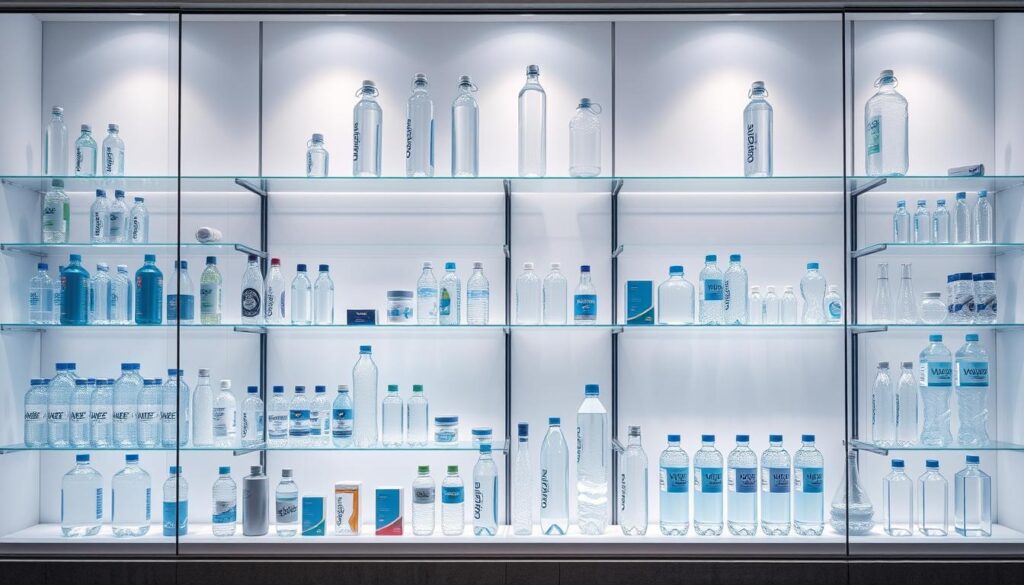 A modern and minimalist storefront display showcasing various water bottles and hydration products. The shelves are arranged with sleek, translucent containers in a range of sizes and shapes, illuminated by soft, diffused lighting that accentuates the clarity and colors of the liquids. The background is a clean, neutral palette, allowing the products to take center stage. The overall composition conveys a sense of quality, affordability, and a wide selection to cater to diverse customer needs. The scene evokes a refreshing, thirst-quenching atmosphere, perfectly aligned with the "Competitive Prices and Flexible Plans to Meet Your Needs" section title.