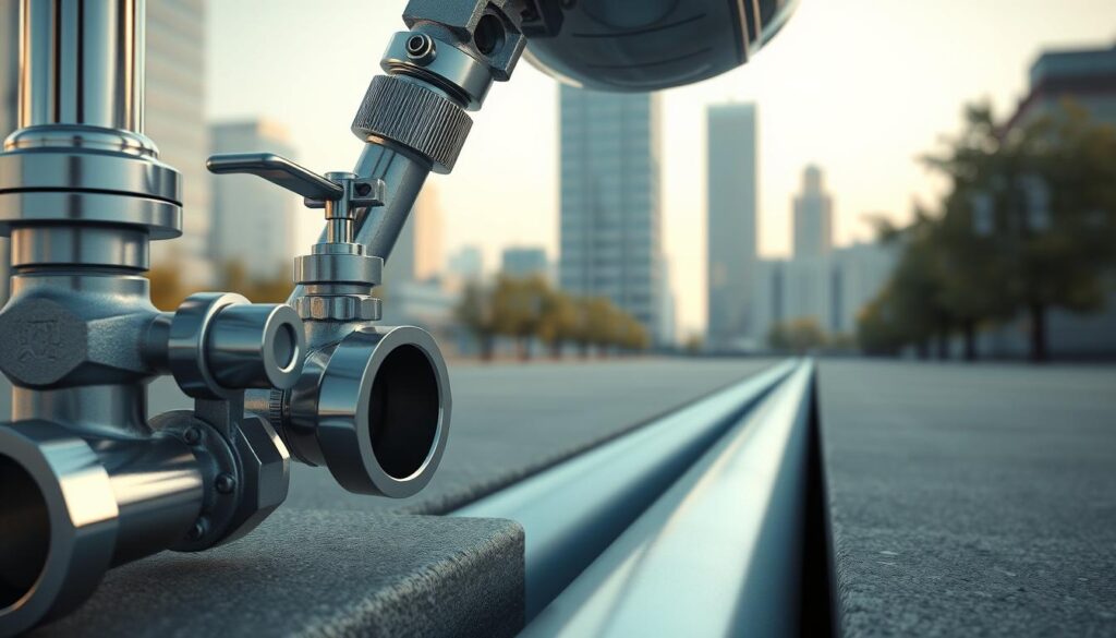 A modern, high-resolution 3D render of a water connection and piping system in an urban setting. The foreground features detailed metallic fittings, valves, and joints in a shiny, chrome finish. The middle ground shows a section of water pipe disappearing into the ground, surrounded by smooth concrete or asphalt. The background depicts a blurred cityscape with tall buildings, trees, and a hazy sky. The overall lighting is warm and natural, with subtle shadows and reflections to convey a sense of depth and realism. The composition emphasizes the technical aspects of the water connection, highlighting its functional purpose and robust construction.
