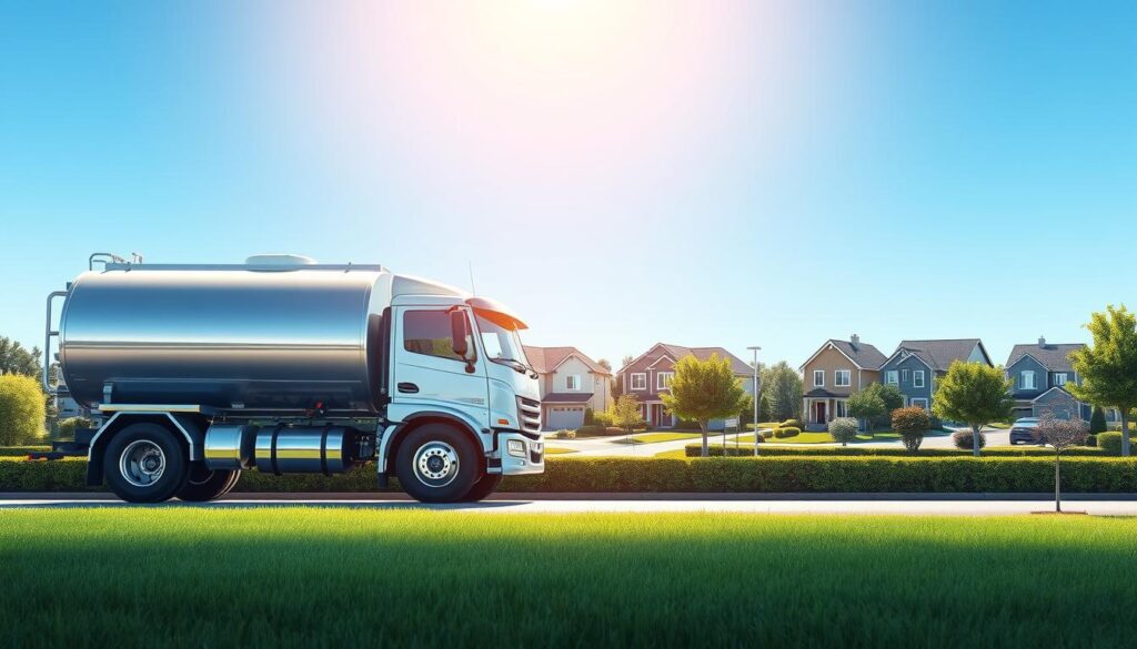 A modern, minimalist illustration showcasing the delivery of water. In the foreground, a sleek, silver water tanker truck is prominently displayed, its chrome accents gleaming under bright, natural lighting. The truck is positioned at an angle, creating a sense of dynamism and forward motion. In the middle ground, a residential neighborhood unfolds, with neatly arranged houses and lush, verdant landscaping. The background features a cloudless, azure sky, creating a serene and inviting atmosphere. The overall composition conveys efficiency, reliability, and the ease of on-demand water delivery, reflecting the section title "اطلب توصيل المياه الآن - سهل وسريع".