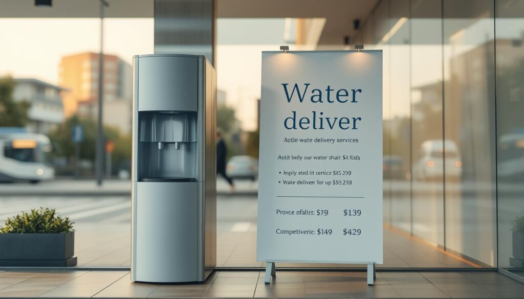 A modern, minimalist storefront display showcasing a range of water delivery services. In the foreground, a sleek, transparent water dispenser stands prominently, highlighting the clarity and purity of the product. The middle ground features a simple, elegant signage board displaying the service offerings and competitive pricing, rendered in a clean, sans-serif typeface. The background depicts a serene, blurred urban landscape, conveying a sense of reliability and professionalism. The lighting is soft and diffused, creating a welcoming and inviting atmosphere. The overall composition emphasizes the quality, value, and convenience of the water delivery services on offer.