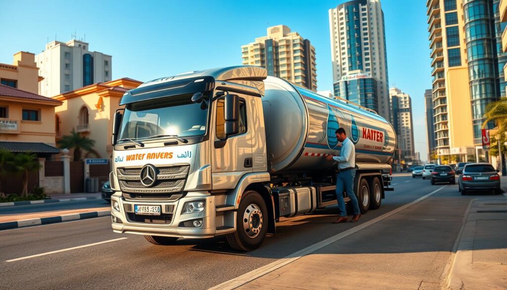 A modern, sleek water delivery truck parked in a bustling urban street in Kuwait. The truck's exterior gleams in the warm sunlight, its polished chrome and vibrant company branding catching the eye. In the foreground, the truck's driver, dressed in a crisp uniform, is carefully maneuvering a large water tank onto a residential doorstep, showcasing the efficient, professional service. The background features a mix of traditional Kuwaiti architecture and modern high-rises, creating a dynamic, cosmopolitan scene. The overall mood is one of reliable, on-demand water delivery, catering to the needs of the local community.