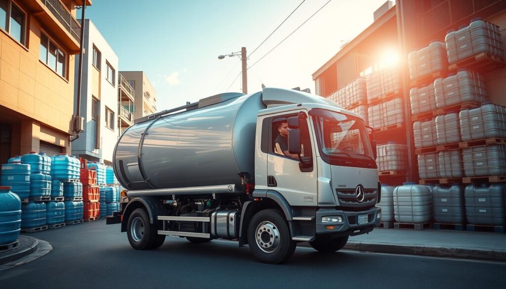 A modern water delivery truck navigating a bustling urban landscape, its sleek design and efficient hydraulic system exemplifying the flexible solutions meeting the water needs of homes and businesses. The truck's chrome fittings glint in the warm afternoon sun, as the driver carefully maneuvers it down a narrow side street, ready to fill up waiting storage tanks. In the background, rows of neatly-stacked water containers stand ready for distribution, a testament to the reliable, on-demand service that ensures a steady supply of this precious resource. The scene conveys a sense of order, sustainability, and technological progress, all working in harmony to quench the thirst of the "Earthly Paradise".
