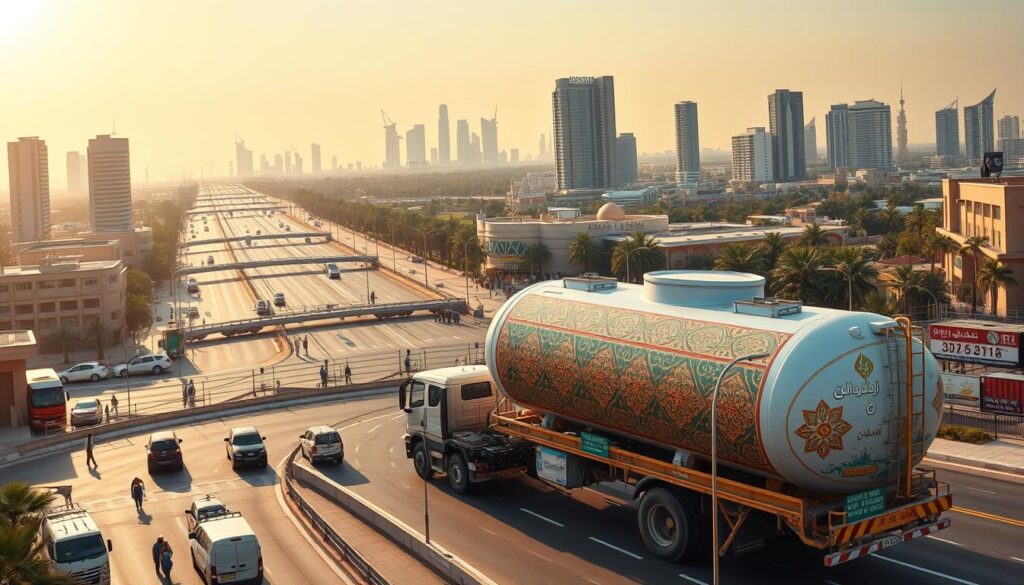 A panoramic view of a Kuwaiti water tanker service, showcasing the unique system of water distribution in the country. The tanker, adorned with intricate patterns and bold colors, stands prominently in the foreground, surrounded by a bustling urban landscape. In the middle ground, a network of smaller tankers and water delivery vehicles crisscross the streets, highlighting the extensive infrastructure required to meet the water needs of the Kuwaiti population. The background features a backdrop of modern skyscrapers and lush greenery, capturing the juxtaposition of the traditional water delivery system and the nation's rapid urbanization. Warm, golden sunlight filters through the scene, lending a sense of vibrancy and authenticity to the image.