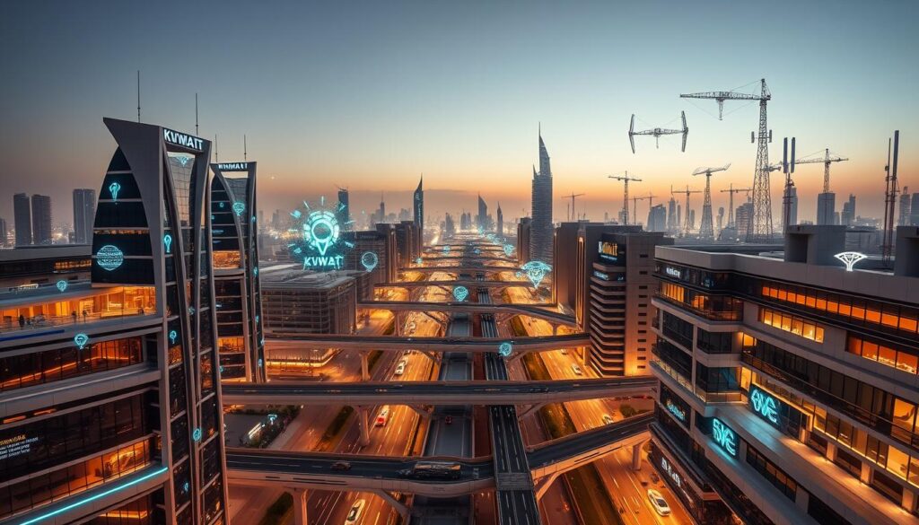 A panoramic view of smart coverage zones within Kuwait, showcasing a modern cityscape with futuristic architectural structures. The scene depicts sleek high-rise buildings, connected by elevated walkways and transportation networks. Glowing holograms and digital displays hover above the bustling streets, providing real-time data and information. The lighting is a mix of warm, ambient tones and cool, neon-like accents, creating a vibrant, technologically-advanced atmosphere. In the background, a network of sensors and antennas dot the skyline, symbolizing the seamless integration of smart infrastructure. The overall composition conveys a sense of progress, efficiency, and the city's embrace of cutting-edge technology. A panoramic view of smart coverage zones within Kuwait, showcasing a modern cityscape with futuristic architectural structures. The scene depicts sleek high-rise buildings, connected by elevated walkways and transportation networks. Glowing holograms and digital displays hover above the bustling streets, providing real-time data and information. The lighting is a mix of warm, ambient tones and cool, neon-like accents, creating a vibrant, technologically-advanced atmosphere. In the background, a network of sensors and antennas dot the skyline, symbolizing the seamless integration of smart infrastructure. The overall composition conveys a sense of progress, efficiency, and the city's embrace of cutting-edge technology.