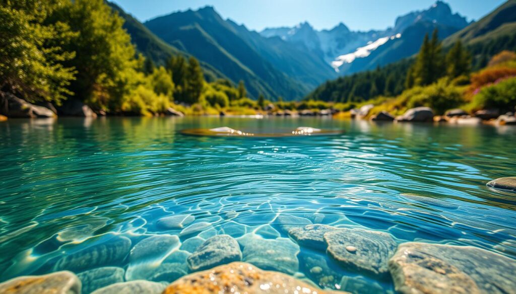 A pristine, crystal-clear spring of pure water, flowing gently through a lush, verdant landscape. The water appears to shimmer and glisten, radiating a sense of purity and refreshment. The scene is bathed in warm, golden sunlight, casting a soft, natural glow over the entire composition. In the foreground, the water's surface is perfectly still, reflecting the surrounding foliage and the azure sky above. The middle ground features a small pool of water, its edges defined by smooth, worn stones. In the background, towering mountains rise majestically, their peaks capped with snow, creating a serene and picturesque backdrop. The overall mood is one of tranquility, clarity, and the natural abundance of clean, life-giving water.