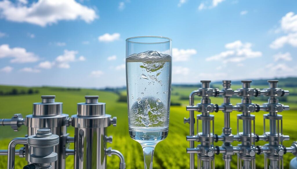 A pristine glass of crystal-clear water, set against a backdrop of verdant fields and a cloudless azure sky. The water appears to sparkle and shimmer, its purity and refreshing quality palpable. In the foreground, a series of intricate water purification systems, their steel and glass components gleaming under natural light, symbolizing the journey of the water from its natural source to the consumer's tap. The overall scene conveys a sense of trust, safety, and the importance of maintaining the highest standards of water quality from source to household.