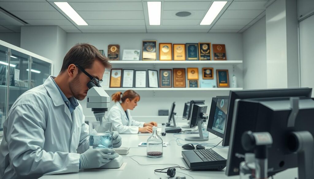 A pristine laboratory setting with state-of-the-art equipment and a team of scientists in sterile white coats meticulously testing water samples. Bright LED lighting illuminates the scene, casting a clean, clinical atmosphere. In the foreground, a technician examines a beaker filled with crystal-clear water under a high-powered microscope, while others input data into sleek, modern computers. Shelves in the background display an array of certification plaques and awards, signifying the facility's rigorous quality standards and commitment to water purity. An aura of precision, professionalism, and unwavering dedication to water quality pervades the frame.
