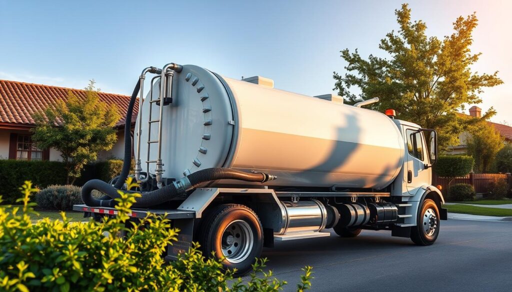 A pristine white water tanker truck parked outside a quaint residential neighborhood, its chrome fittings gleaming in the warm afternoon sunlight. Carefully detailed hoses and pipes snake out from the back, leading to a series of modest single-story homes, their roofs tiled in earthy tones. The scene conveys a sense of reliable, efficient water delivery service, catering to the everyday needs of the local community. The composition emphasizes the truck's central role, framed by lush green foliage and a clear blue sky, capturing the quintessential scenario of "توصيل المياه المنازل" in a visually appealing and harmonious manner.