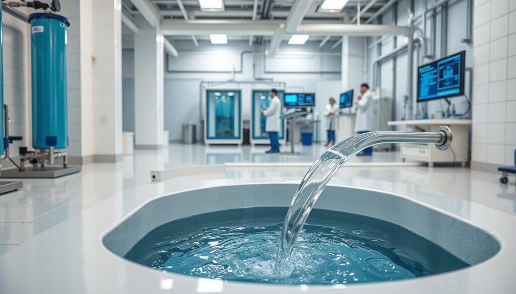 A serene and hygienic water treatment facility, with state-of-the-art filtration and purification systems. The foreground depicts a clear, crystalline stream of fresh water flowing into a well-maintained holding tank, surrounded by a pristine white tiled floor. The middle ground showcases a team of technicians in lab coats, meticulously conducting water quality tests and analyzing the results. In the background, a modern control room with digital displays and monitoring equipment, ensuring the continuous monitoring and maintenance of the water's purity. The overall scene conveys a sense of reliability, safety, and quality assurance, reflecting the importance of regular water testing and certification.