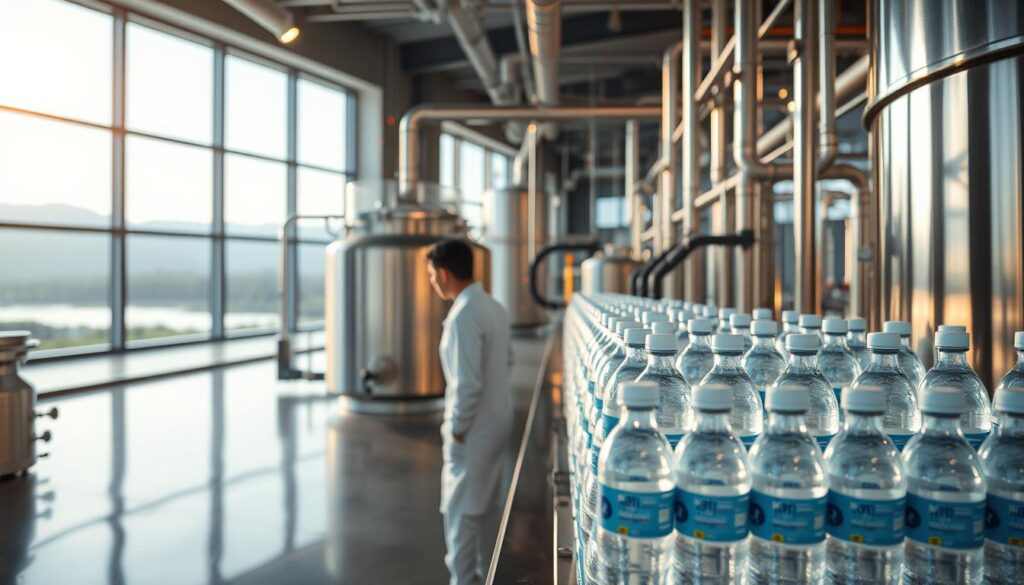 A serene and pristine water purification facility, with gleaming stainless steel tanks and pipes, bathed in soft, warm lighting that accentuates the clarity and purity of the water within. In the foreground, a technician in a clean white lab coat carefully monitors the water quality, ensuring adherence to rigorous safety standards. The middle ground features a row of neatly stacked water bottles, their labels highlighting the attention to detail in the packaging and distribution process. The background showcases the facility's modern architecture, with large windows offering a panoramic view of the surrounding landscape, conveying a sense of transparency and environmental responsibility. A serene and pristine water purification facility, with gleaming stainless steel tanks and pipes, bathed in soft, warm lighting that accentuates the clarity and purity of the water within. In the foreground, a technician in a clean white lab coat carefully monitors the water quality, ensuring adherence to rigorous safety standards. The middle ground features a row of neatly stacked water bottles, their labels highlighting the attention to detail in the packaging and distribution process. The background showcases the facility's modern architecture, with large windows offering a panoramic view of the surrounding landscape, conveying a sense of transparency and environmental responsibility.