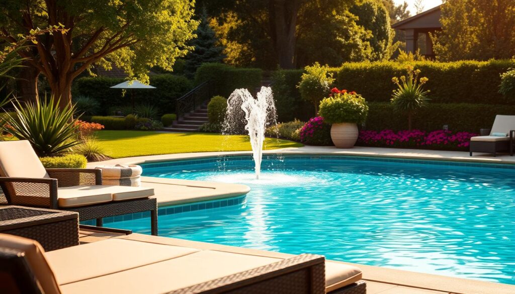 A serene backyard oasis with a sparkling swimming pool surrounded by lush greenery. The pool is adorned with a gentle water fountain, creating a soothing ambiance. In the foreground, sleek patio furniture invites relaxation, while the background features a well-manicured garden with vibrant flowers and trees. Warm, natural lighting bathes the scene, casting a soft, inviting glow. The overall atmosphere evokes a sense of tranquility and refreshment, perfectly capturing the essence of "خدمة المسابح والتبريد والرشّ". A serene backyard oasis with a sparkling swimming pool surrounded by lush greenery. The pool is adorned with a gentle water fountain, creating a soothing ambiance. In the foreground, sleek patio furniture invites relaxation, while the background features a well-manicured garden with vibrant flowers and trees. Warm, natural lighting bathes the scene, casting a soft, inviting glow. The overall atmosphere evokes a sense of tranquility and refreshment, perfectly capturing the essence of "خدمة المسابح والتبريد والرشّ".