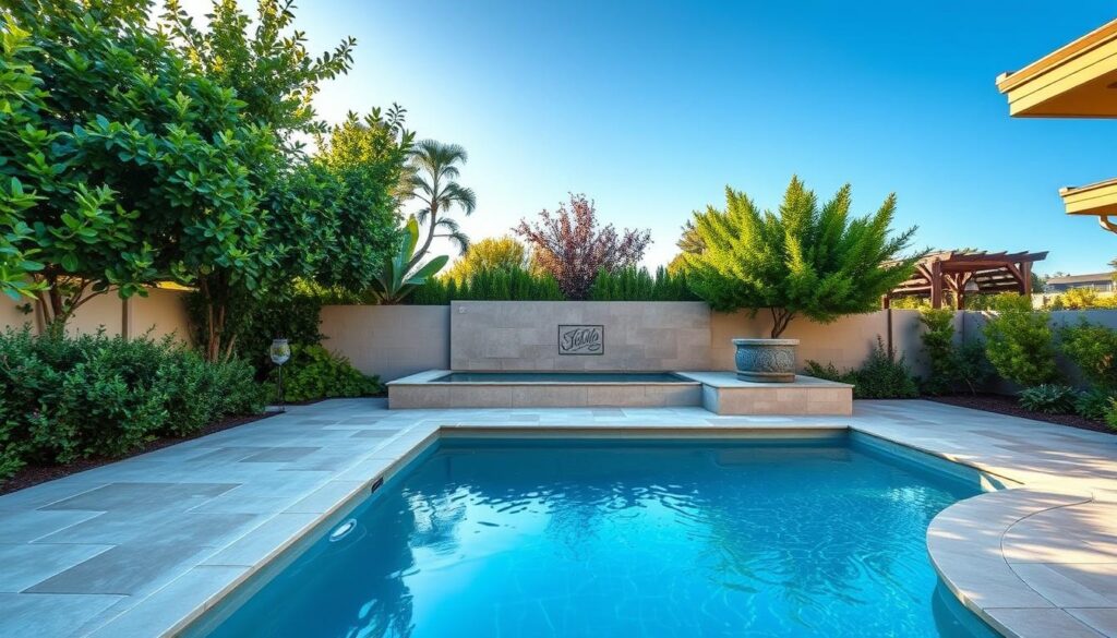 A serene backyard pool, its crystal-clear waters reflecting the warm afternoon sun. Sleek, modern pool decking in natural stone surrounds the gently sloping basin, inviting swimmers to dive in. Lush, verdant foliage frames the scene, creating a tranquil, spa-like ambiance. The pool's recirculating filtration system hums softly, maintaining the water's pristine clarity. Soft, diffused lighting casts a gentle glow, highlighting the pool's elegant design and the carefully curated landscaping. A seamless integration of form and function, this pool is the perfect oasis for relaxation and entertainment.