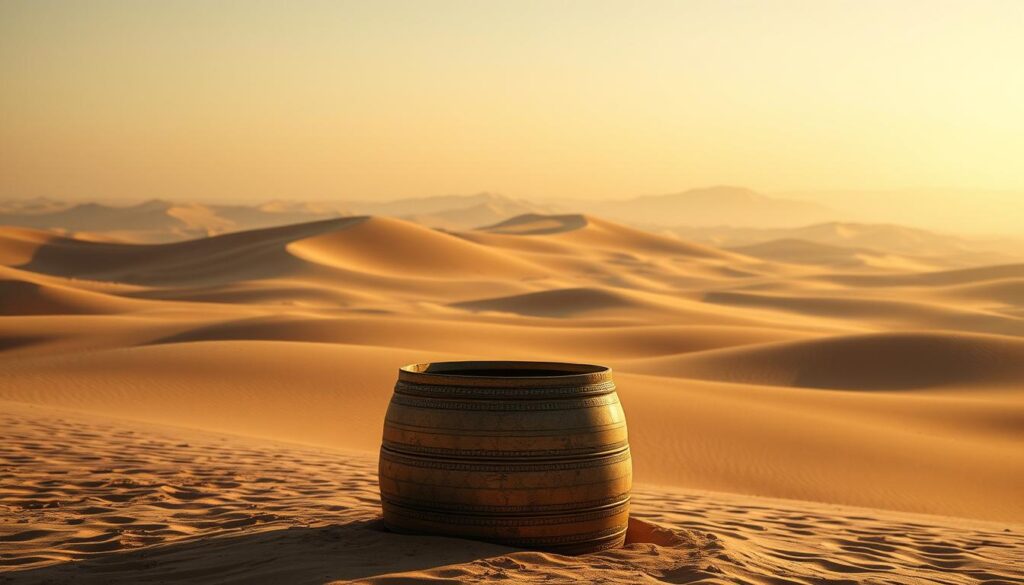 A serene desert landscape, with rolling sand dunes stretching out under a warm, golden light. In the foreground, a weathered, traditional water storage vessel, known as a "خيطان", stands in the shadows, its intricate patterns and textures catching the soft illumination. The vessel's curved silhouette reflects the organic shapes of the surrounding environment, seamlessly blending into the scene. In the middle ground, a faint haze obscures the distant horizon, creating a sense of depth and atmosphere. The overall mood is one of tranquility and timelessness, capturing the essence of this ancient water storage technique. A serene desert landscape, with rolling sand dunes stretching out under a warm, golden light. In the foreground, a weathered, traditional water storage vessel, known as a "خيطان", stands in the shadows, its intricate patterns and textures catching the soft illumination. The vessel's curved silhouette reflects the organic shapes of the surrounding environment, seamlessly blending into the scene. In the middle ground, a faint haze obscures the distant horizon, creating a sense of depth and atmosphere. The overall mood is one of tranquility and timelessness, capturing the essence of this ancient water storage technique.