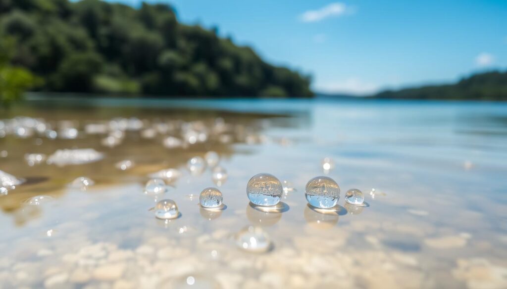 A serene lake surrounded by lush vegetation, with crystal-clear water reflecting the azure sky above. In the foreground, a close-up view of a handful of pristine water droplets, each magnifying the intricate details of the natural world. The lighting is soft and diffused, creating a sense of tranquility and purity. The composition emphasizes the importance of water quality, with the droplets serving as a testament to the care and attention given to the management of this vital resource. The overall atmosphere evokes a sense of reverence and appreciation for the delicate balance of the natural environment.