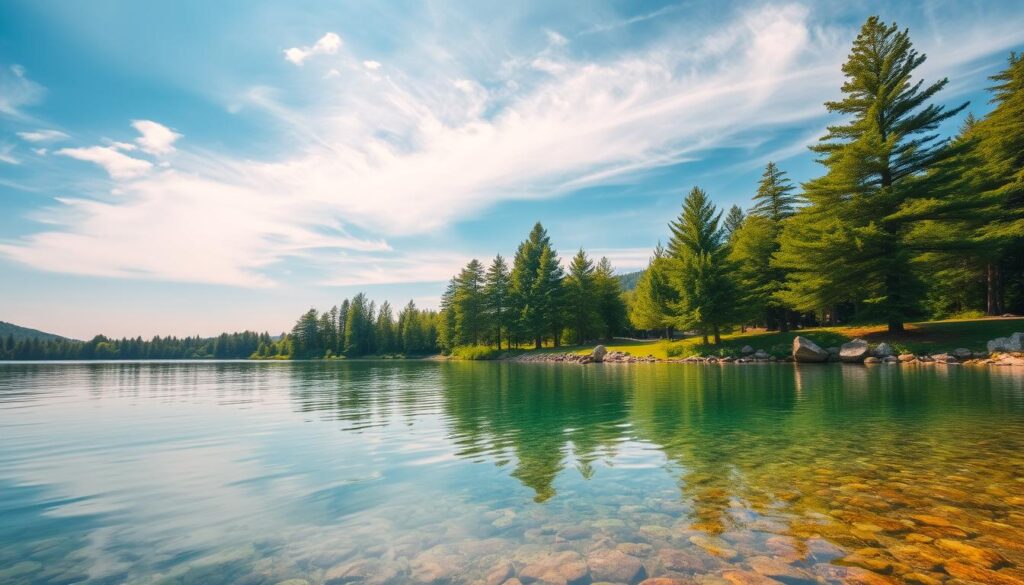 A serene landscape showcasing the pristine and refreshing quality of fresh water. A tranquil pond or lake with crystal-clear waters reflecting the surrounding lush greenery and azure sky. Gentle sunlight filters through wispy clouds, casting a soft, warm glow on the scene. Tall, verdant trees sway in a light breeze along the shore, their reflections wavering on the surface of the water. Smooth rocks and pebbles line the banks, creating a natural and picturesque setting. An atmosphere of calmness and rejuvenation pervades the image, inviting the viewer to experience the beauty and purity of this untouched natural oasis.