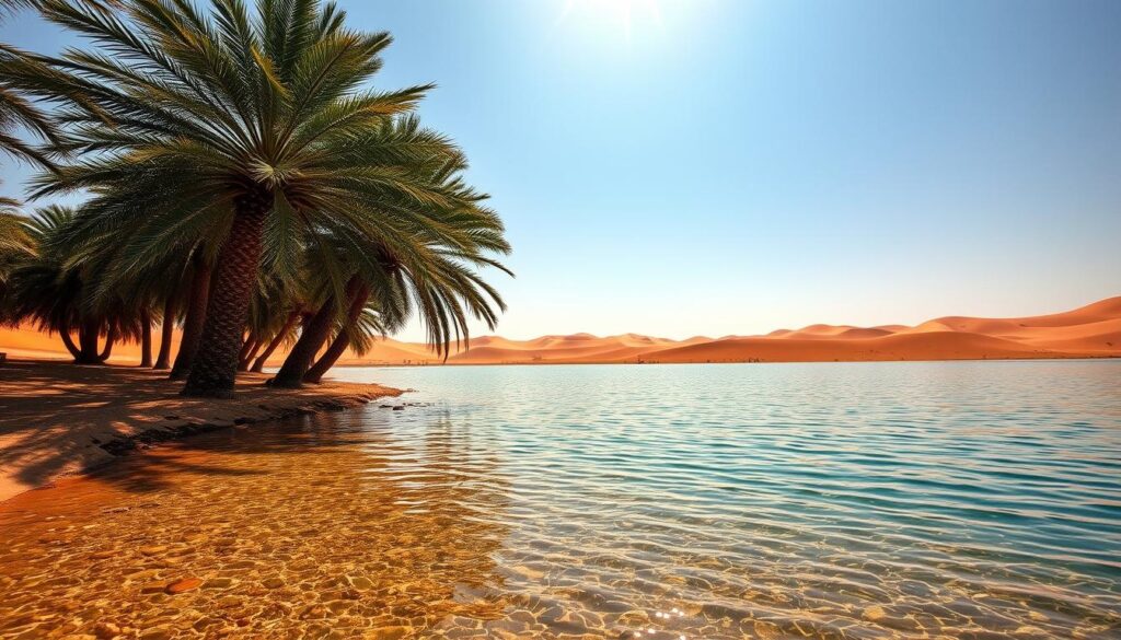 A serene oasis in the desert, a tranquil lake reflecting the golden sky. Crystalline waters shimmer under the warm sun, inviting thirsty travelers to quench their thirst. Lush palm trees sway gently, casting dappled shadows on the shore. In the distance, rolling sand dunes create a picturesque backdrop, hinting at the vast expanse of the Arabian landscape. This idyllic scene captures the essence of fresh, pure water - the lifeblood of the Riqqa region and Kuwait, a precious resource to be treasured and preserved.