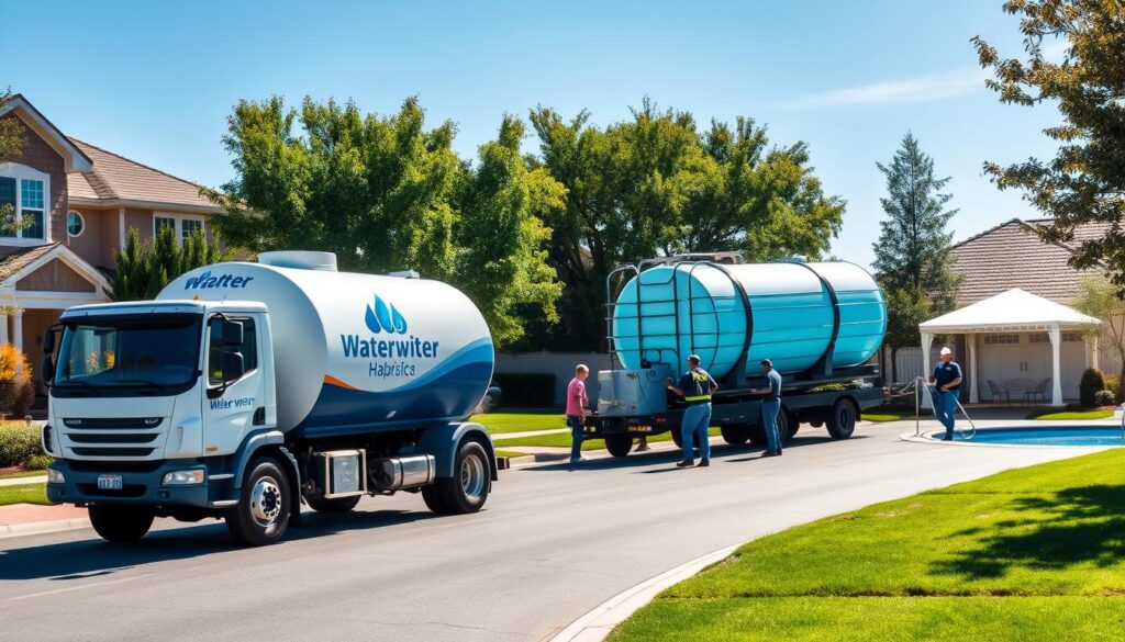 A serene residential street with well-maintained houses, lush greenery, and a clear blue sky. In the foreground, a water delivery truck, its logo prominently displayed, is carefully maneuvering along the road, ready to provide its vital service to the nearby homes. The middle ground features a water tank being carefully loaded onto a customer's property, with a team of skilled workers ensuring a smooth and efficient delivery. In the background, a swimming pool glistens under the warm sunlight, highlighting the importance of reliable water access for both domestic and recreational needs. The overall atmosphere conveys a sense of professionalism, reliability, and community, reflecting the trustworthy and expedient water delivery services offered.
