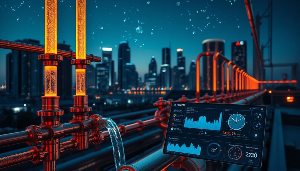 A sleek and modern water distribution system, with intricate pipes and valves glowing with a warm, futuristic light. The background depicts a cityscape at night, the tall buildings and infrastructure silhouetted against a starry sky. In the foreground, a dynamic display showcases real-time data on water flow, pressure, and temperature, with intuitive controls and analytics. The overall composition conveys a sense of efficiency, reliability, and technological sophistication, perfectly capturing the "smart" and "around-the-clock" nature of the water delivery system.