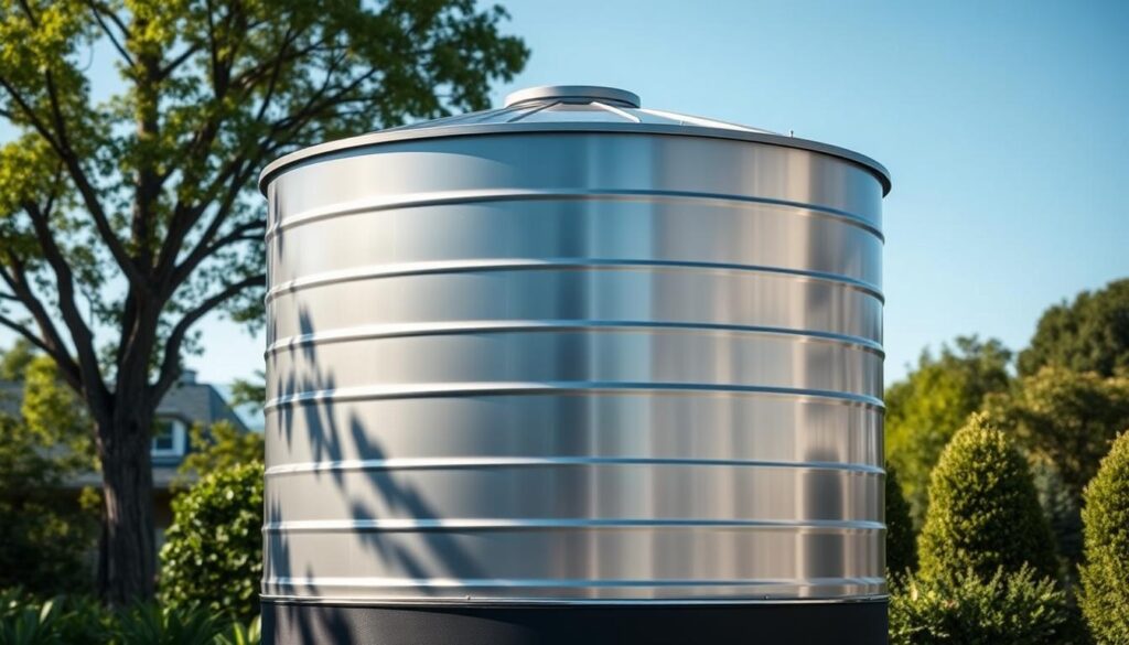 A sleek, cylindrical water storage tank standing tall against a serene outdoor setting. The tank's metallic surface reflects the surrounding landscape, blending seamlessly into the environment. Lush greenery and a clear blue sky provide a calming backdrop, suggesting a residential or commercial property. The tank's design features clean lines and a minimalist aesthetic, emphasizing its efficient water storage capabilities. Gentle shadows cast by the sun create depth and texture, highlighting the tank's sturdy construction. This water storage solution is an essential component for homes, pools, businesses, and special events, seamlessly integrating function with form.