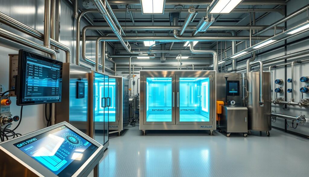 A state-of-the-art sterilization and traceability facility, bathed in soft, even lighting that highlights the gleaming stainless steel surfaces and clean, clinical atmosphere. In the foreground, a high-tech monitoring station with holographic displays tracking real-time data on the purification and disinfection process. The middle ground features advanced UV-C sterilization chambers, their interiors glowing with an intense blue-white radiance. In the background, a network of pipes, valves, and sensors convey a sense of precision engineering and sophisticated water treatment technology. The overall impression is one of unwavering quality control, ensuring the highest standards of purity and safety.