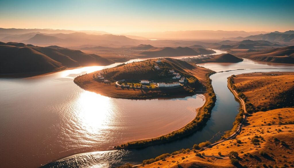 A stunning aerial view of the shimmering waters of Andalusia, Spain, where the unique phenomenon of "tenkere" or water mirage captivates the senses. The vast, tranquil landscape is bathed in warm, golden light, casting a mesmerizing reflection on the undulating surface. In the foreground, a winding river snakes through the rolling hills, its banks lined with lush, verdant vegetation. The middle ground features a small village nestled among the rolling hills, its traditional white-washed buildings and terracotta roofs gleaming in the sunlight. The background is dominated by a majestic mountain range, its peaks shrouded in a soft, hazy mist. The overall scene evokes a sense of serene beauty and otherworldly wonder, perfectly capturing the essence of this remarkable natural occurrence.