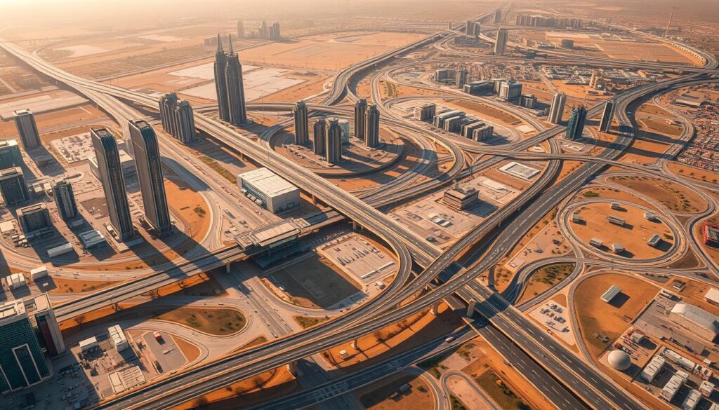 A sweeping aerial view of the Kuwaiti landscape, showcasing the extensive coverage of the country's smart logistics network. Towering skyscrapers and bustling highways seamlessly connect the major cities, while intricate transportation hubs and distribution centers dot the terrain. The scene is bathed in warm, golden sunlight, creating a sense of efficiency and modernity. Crisp, high-resolution details highlight the precision and integration of the Kuwaiti infrastructure, emphasizing the nation's commitment to cutting-edge logistics and connectivity. The overall impression conveys the comprehensive, well-orchestrated nature of the country's coverage and distribution capabilities.