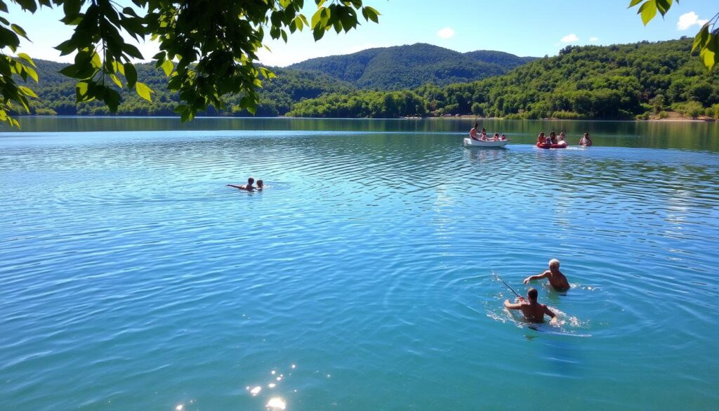 A tranquil scene of a pristine, crystal-clear lake reflecting the surrounding lush greenery. The water appears still and inviting, with a gentle ripple on the surface. Sunlight filters through the leaves, casting a warm, dappled glow over the scene. In the foreground, a group of people engage in various water-based activities, such as swimming, boating, or fishing, all while maintaining the highest standards of water quality and operational safety. The background features rolling hills, verdant forests, and a cloudless azure sky, conveying a sense of harmony and environmental balance. This serene landscape highlights the exceptional water quality and operational integrity that characterize this unique Andalusian water storage phenomenon.