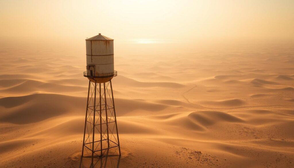 A vast and expansive desert landscape, with undulating sand dunes stretching towards the horizon. In the foreground, a towering, ancient water tower stands solemnly, its rusted metallic structure a testament to the region's harsh climate. Beams of warm, golden sunlight filter through the hazy atmosphere, casting long shadows across the parched terrain. The tower's once-pristine white paint has faded, revealing the weathered patina of time. In the distance, a shimmering mirage suggests the presence of a hidden oasis, a tantalizing promise of respite from the unforgiving desert. The scene conveys a sense of quiet resilience, a testament to the region's enduring spirit in the face of water scarcity.