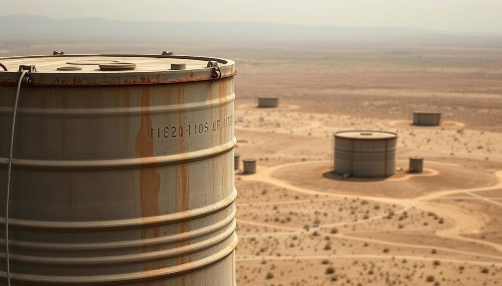 A vast, arid landscape stretches out before the viewer, dotted with tall, cylindrical water storage tanks. The tanks, made of weathered metal and concrete, stand as sentinels against the harsh desert sun, their utilitarian design a testament to the region's pragmatic approach to water conservation. In the foreground, a detailed, realistic depiction of one of these tanks, its surface textured with subtle imperfections and weathering, captures the viewer's attention. The middle ground features a cluster of these tanks, their uniform silhouettes casting long shadows across the parched earth. In the background, a hazy horizon line blends the sky and land, creating a sense of vast, endless space. The overall scene conveys a mood of stoic resilience, with the water storage tanks serving as the backbone of a community's survival in this arid, unforgiving environment.