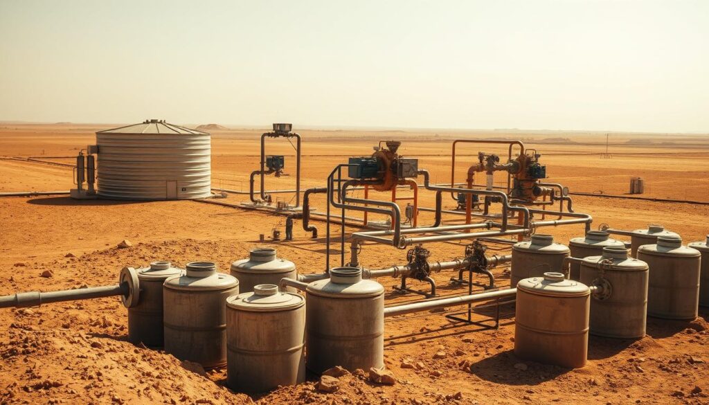 A vast desert landscape, scorched by the relentless sun, where a network of intricate water pipes and storage tanks emerges from the parched earth. In the foreground, a series of metal containers, worn and weathered, stand as a testament to the challenges of water scarcity. The middle ground features a complex system of valves, pumps, and control panels, their intricate mechanisms hinting at the ingenious solutions required to manage this precious resource. In the background, a hazy horizon stretches, suggesting the vastness of the problem and the need for comprehensive, sustainable approaches. The overall scene conveys a sense of both the severity of the water crisis and the determined efforts to overcome it, captured through a cinéma vérité-inspired lens.