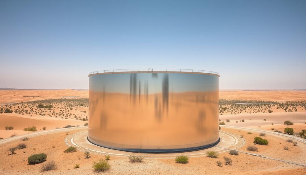 A vast, gleaming water storage tank stands majestically in the foreground, reflecting the bright desert sun. The tank's sleek, metallic exterior exudes a sense of modern engineering and efficiency. In the middle ground, a sprawling landscape of arid dunes and sparse vegetation stretches out, highlighting the crucial role this water storage solution plays in the local environment. The background is dominated by a clear, azure sky, conveying a serene and tranquil atmosphere, befitting the importance of this water conservation system. The overall composition emphasizes the tank's sturdy, reliable presence, symbolizing the ideal solution for water storage in the Kuwaiti climate.