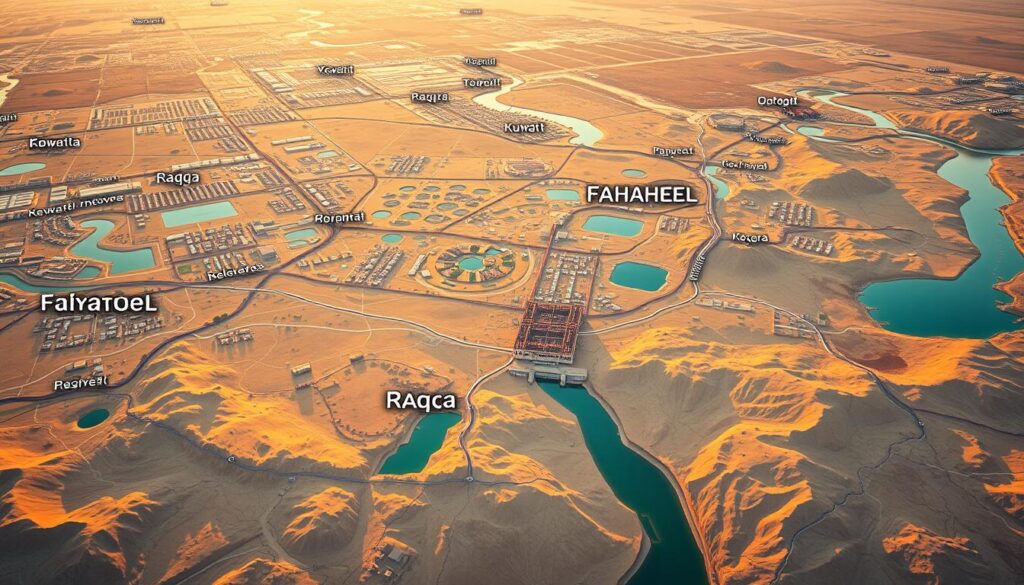 A vast, sprawling map of Kuwait, meticulously rendered in vivid detail. The Fahaheel and Raqqa areas are prominently featured, their neighborhoods and roads depicted with precision. The landscape is bathed in warm, golden light, creating a serene and inviting atmosphere. Subtle hues of blue and green hint at the presence of bodies of water, perhaps reservoirs or canals, that are integral to the region's water storage infrastructure. The image conveys a sense of comprehensive coverage, highlighting the comprehensive network of water storage and distribution within this specific area of Kuwait.