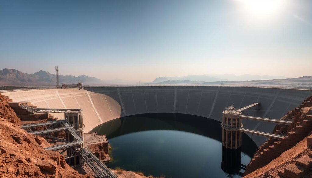 A vast, sprawling water storage facility nestled in a rugged, arid landscape. Towering concrete walls rise up, casting long, dramatic shadows as the sun's rays slice through the hazy air. The surface of the water is a mesmerizing, mirror-like expanse, reflecting the surrounding environment in its serene, tranquil depths. Intricate network of pipes, valves, and infrastructure are seamlessly integrated into the structure, harnessing and distributing this precious resource. A scene of engineering prowess and efficient water management, perfectly suited to the harsh, unforgiving climate.