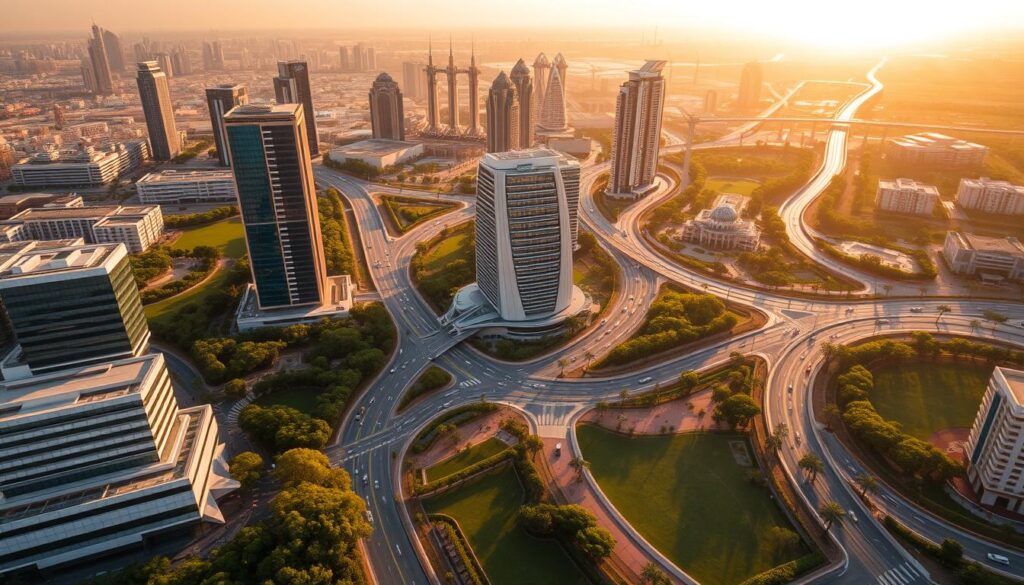 A vibrant aerial view of the Farwaniya Governorate, showcasing its modern infrastructure and bustling urban landscape. Tall skyscrapers and commercial buildings stand tall, their glass facades gleaming in the warm, golden sunlight. Winding roads and bustling traffic weave through the cityscape, while verdant parks and lush greenery provide pockets of tranquility. The scene is captured with a wide-angle lens, emphasizing the scale and scope of the smart, efficient coverage across the region. The overall atmosphere is one of progress, connectivity, and a forward-thinking vision for the future of the Farwaniya Governorate.