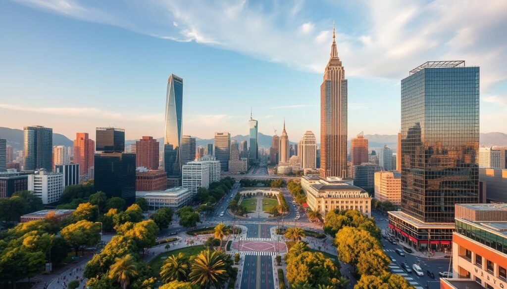 A vibrant cityscape showcasing the bustling capital, captured through a wide-angle lens. Towering skyscrapers and modern high-rises dominate the skyline, their reflective surfaces glimmering under the warm, golden-hour lighting. In the foreground, a bustling street scene unfolds, with pedestrians, cars, and public transportation weaving through the urban landscape. The middle ground features lush, verdant parks and plazas, providing a sense of balance and respite within the concrete jungle. The background is framed by distant mountains, creating a picturesque and majestic backdrop to the overall scene. The composition conveys a sense of energy, progress, and the dynamic nature of the capital city.