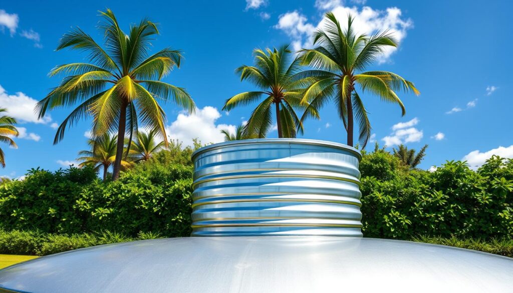 A vibrant, high-resolution image of a water storage tank set against a backdrop of lush green foliage and a cloudless blue sky. The tank is prominently displayed in the foreground, its sleek metallic surface reflecting the sunlight. The middle ground features a well-manicured lawn with lush vegetation, conveying a sense of serene, verdant surroundings. In the background, tall palm trees sway gently, creating a calming and tropical ambiance. The lighting is warm and natural, casting subtle shadows that add depth and dimension to the scene. The overall composition is balanced and visually appealing, showcasing the water storage tank as a reliable and essential component of the landscape.