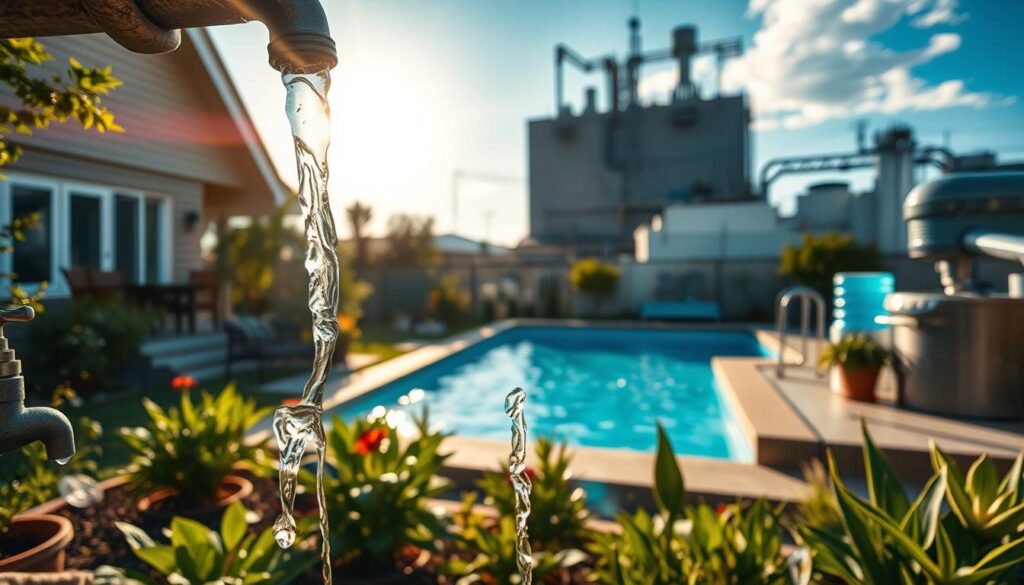A vibrant scene depicting diverse water usage, showcasing a residential house with a lush garden, a sparkling swimming pool, and a bustling commercial kitchen. Warm sunlight filters through, casting long shadows across the scene. In the foreground, water flows elegantly from a spigot, its trajectory captured in mid-air. The middle ground features a variety of water-dependent activities, from watering plants to filling up a water cooler. In the background, a large industrial building stands, symbolizing commercial water needs. The overall atmosphere is one of harmony and efficient water management, highlighting the versatility of water in various domestic, recreational, and industrial applications. A vibrant scene depicting diverse water usage, showcasing a residential house with a lush garden, a sparkling swimming pool, and a bustling commercial kitchen. Warm sunlight filters through, casting long shadows across the scene. In the foreground, water flows elegantly from a spigot, its trajectory captured in mid-air. The middle ground features a variety of water-dependent activities, from watering plants to filling up a water cooler. In the background, a large industrial building stands, symbolizing commercial water needs. The overall atmosphere is one of harmony and efficient water management, highlighting the versatility of water in various domestic, recreational, and industrial applications.