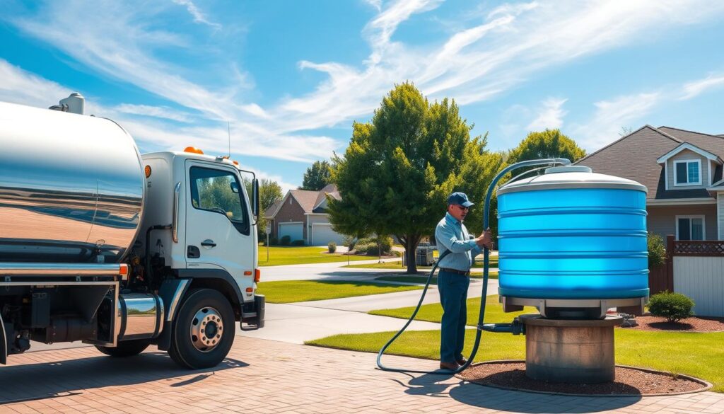 A vibrant scene of a water delivery service in action. In the foreground, a sturdy water tanker truck, its chrome fittings gleaming in the warm sunlight, is parked in a neatly paved driveway. The driver, in a crisp uniform, is carefully connecting the hose to a residential water tank, ready to replenish the household's supply. In the middle ground, a well-maintained suburban neighborhood with lush greenery and tidy homes sets the stage. The background features a clear blue sky, with wispy clouds drifting gently overhead, conveying a sense of tranquility and reliability. The overall mood is one of efficient, dependable service, catering to the community's water needs with professionalism and care.