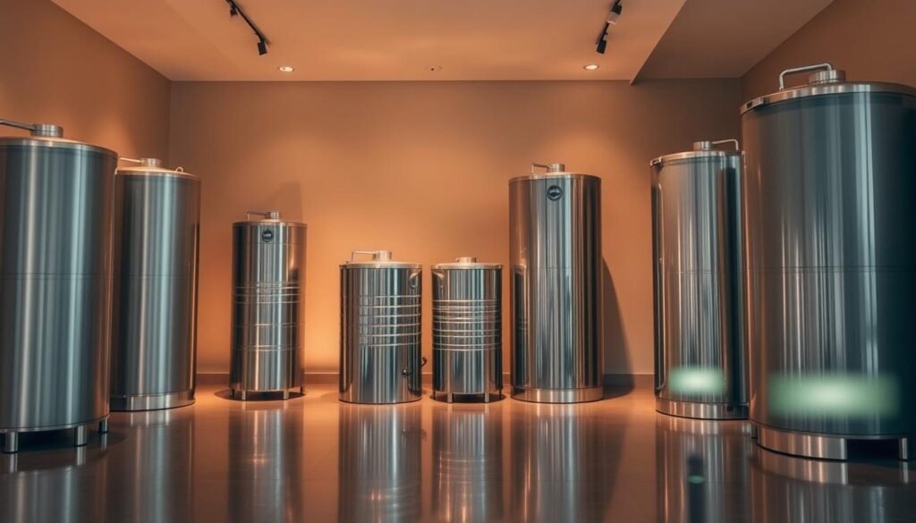 A warm, softly lit interior space showcasing a variety of available water storage units. Sleek, modern designs in polished metal and glass, arranged in a well-organized display. Subtle reflections on the floor create a sense of depth and dimension. Carefully angled lighting casts gentle shadows, highlighting the contours and textures of the vessels. The overall atmosphere is one of understated elegance, inviting the viewer to imagine how these water tanks could seamlessly integrate into a home or commercial setting. A warm, softly lit interior space showcasing a variety of available water storage units. Sleek, modern designs in polished metal and glass, arranged in a well-organized display. Subtle reflections on the floor create a sense of depth and dimension. Carefully angled lighting casts gentle shadows, highlighting the contours and textures of the vessels. The overall atmosphere is one of understated elegance, inviting the viewer to imagine how these water tanks could seamlessly integrate into a home or commercial setting.