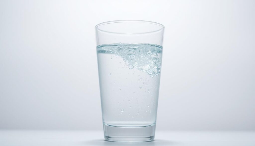 A well-lit, close-up scene of a clear glass of refreshing, pure water. The water is sparkling and free of any impurities, reflecting the light and creating a sense of purity and cleanliness. The glass is set against a simple, minimalist background, allowing the water to be the central focus. The lighting is soft and diffused, creating a calm and serene atmosphere. The angle is slightly elevated, giving the viewer a sense of the water's quality and safety. The overall impression is one of quality, safety, and the importance of proper water treatment and disinfection.