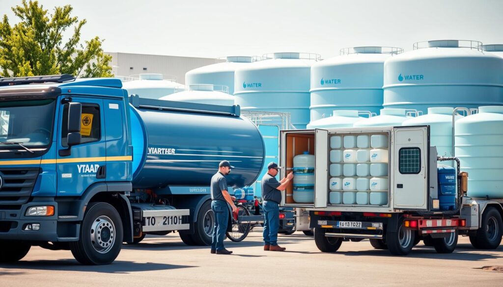 A well-lit, high-resolution photograph of a variety of water delivery services, including a large blue water tanker truck in the foreground, a team of workers loading water containers onto a smaller delivery van in the middle ground, and a row of water storage tanks in the background. The scene conveys a sense of efficiency and professionalism, with the workers wearing uniforms and the vehicles and equipment appearing well-maintained. The lighting is natural and bright, creating a clean, modern atmosphere. The overall composition is balanced and visually appealing, showcasing the diverse range of water delivery options available.