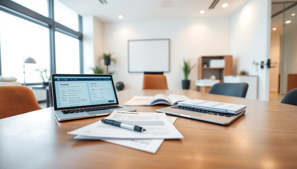 A well-lit interior office scene showcasing a modern desk with a laptop, tablet, and pen. On the desk, various electronic invoices and periodic contracts are neatly organized, hinting at efficient digital document management. The room features minimalist decor, clean lines, and a warm, professional atmosphere, conveying a sense of reliability and speed in the Kuwaiti water services industry. Bright, diffused lighting illuminates the scene, creating a inviting and productive ambiance.